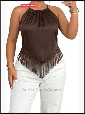 Plus Size Fringe Halter Cami Tank Top Sleeveless Asymmetrical